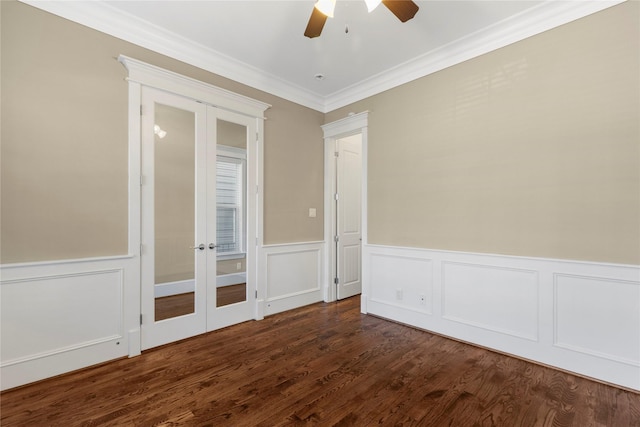 428 W 26th St, Houston, TX 77008 - empty room featuring french doors, a ceiling fan, ornamental molding, dark wood finished floors, and a wainscoted wall