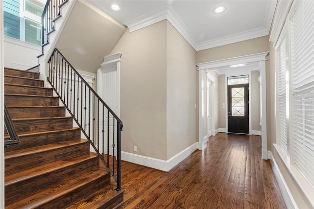 428 W 26th St, Houston, TX 77008 - entryway featuring wood finished floors, stairway, ornamental molding, baseboards, and recessed lighting
