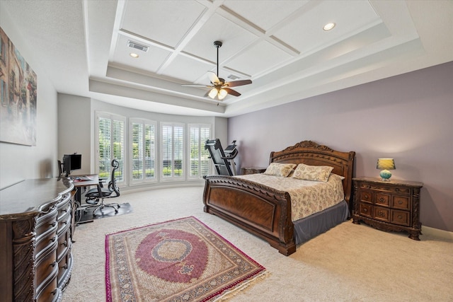 13627 Ashley Run, Houston, TX 77077 - carpeted bedroom featuring a desk, recessed lighting, coffered ceiling, ceiling fan, and a raised ceiling