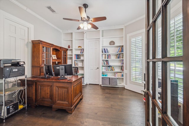 13627 Ashley Run, Houston, TX 77077 - home office featuring a ceiling fan, crown molding, dark wood-type flooring, and built in features