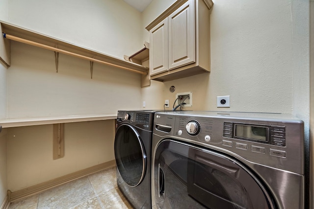 6823 Rosemont Park Ln, Katy, TX 77494 - washroom with cabinet space, washing machine and dryer, baseboards, and light tile patterned floors