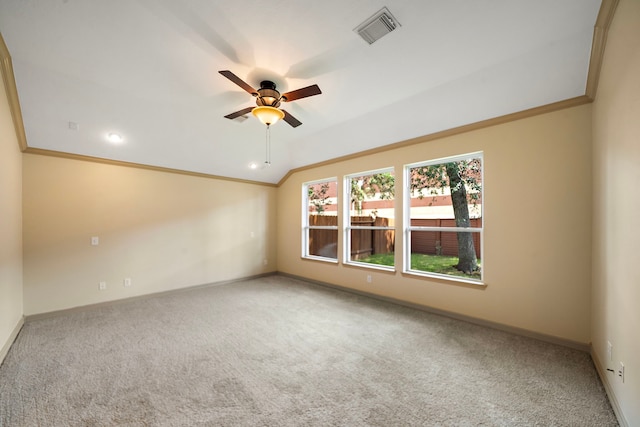 6823 Rosemont Park Ln, Katy, TX 77494 - carpeted spare room with lofted ceiling, a ceiling fan, baseboards, and crown molding