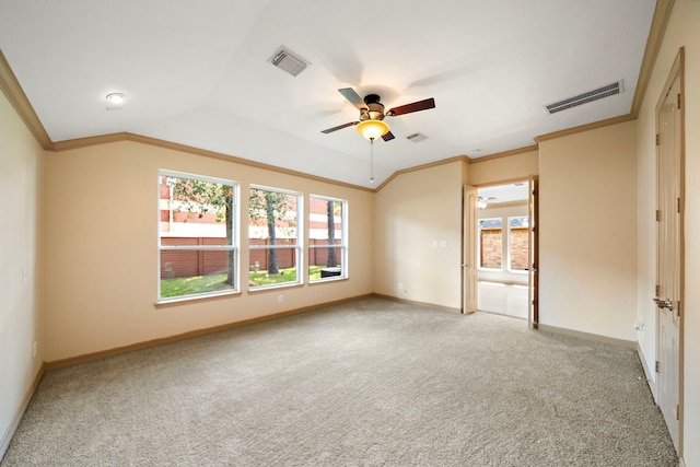 6823 Rosemont Park Ln, Katy, TX 77494 - empty room with a ceiling fan, light colored carpet, crown molding, healthy amount of natural light, and lofted ceiling