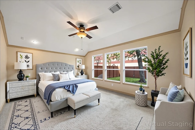 6823 Rosemont Park Ln, Katy, TX 77494 - carpeted bedroom featuring baseboards, vaulted ceiling, crown molding, and a ceiling fan