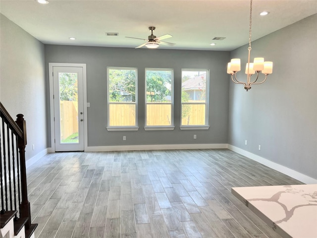 6804 Foster St, Houston, TX 77021 - unfurnished dining area with ceiling fan, wood finished floors, a chandelier, baseboards, and recessed lighting