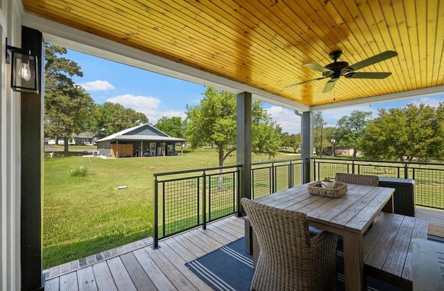 539 Elm St, New Ulm, TX 78950 - wooden deck featuring a ceiling fan, a yard, and outdoor dining space