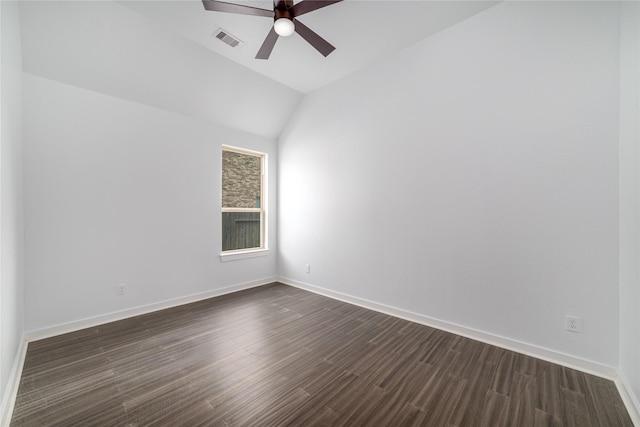 7822 Taronga Ln, Richmond, TX 77407 - unfurnished room with ceiling fan, dark wood-style floors, lofted ceiling, and baseboards