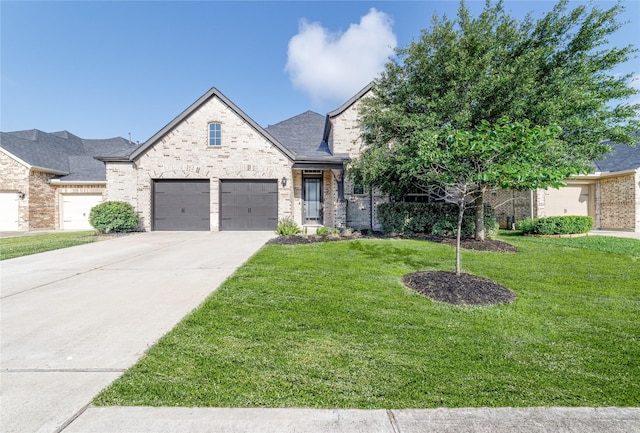 7822 Taronga Ln, Richmond, TX 77407 - french country style house featuring a front yard, driveway, a garage, brick siding, and a shingled roof