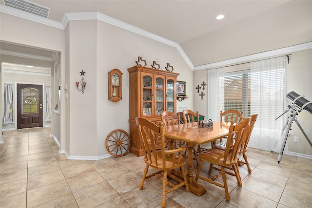 207 Lockridge Hill Ln, Richmond, TX 77469 - dining room with crown molding, light tile patterned flooring, baseboards, lofted ceiling, and recessed lighting