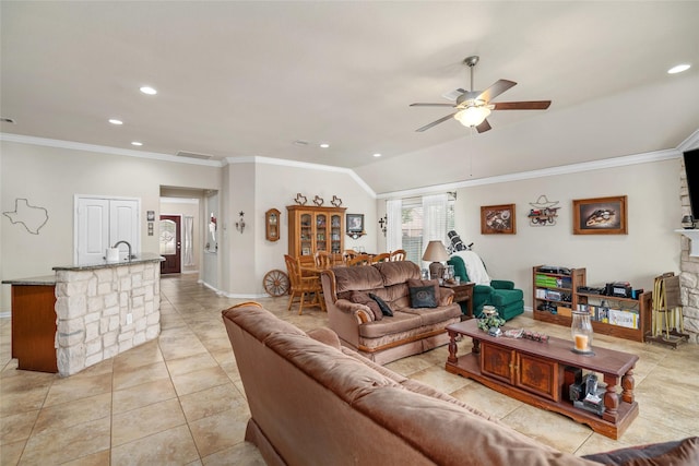 207 Lockridge Hill Ln, Richmond, TX 77469 - living room with ceiling fan, recessed lighting, ornamental molding, baseboards, and light tile patterned flooring