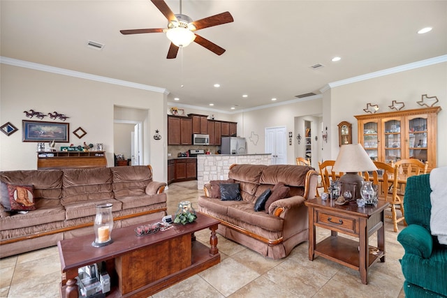 207 Lockridge Hill Ln, Richmond, TX 77469 - living room featuring ceiling fan, recessed lighting, ornamental molding, and light tile patterned flooring