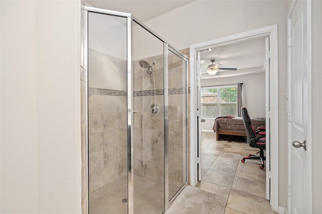 207 Lockridge Hill Ln, Richmond, TX 77469 - bathroom featuring a stall shower, ensuite bathroom, ceiling fan, and tile patterned floors