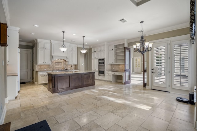 14214 Heidi Oaks Ln, Humble, TX 77396 - kitchen with stainless steel double oven, open shelves, backsplash, a chandelier, and recessed lighting