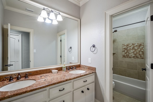 14214 Heidi Oaks Ln, Humble, TX 77396 - full bathroom with ornamental molding, double vanity, toilet, shower / bathtub combination, and tile patterned flooring