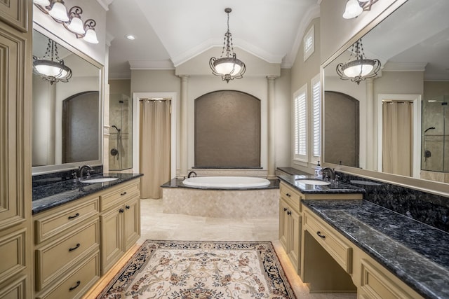 14214 Heidi Oaks Ln, Humble, TX 77396 - bathroom with a shower stall, a garden tub, two vanities, crown molding, and vaulted ceiling