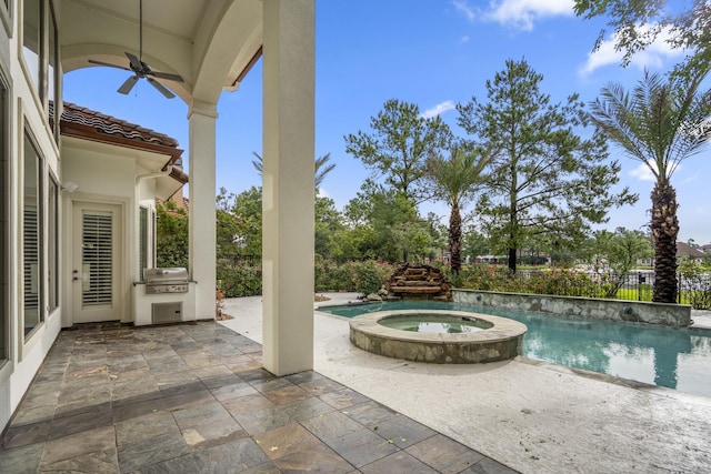 14214 Heidi Oaks Ln, Humble, TX 77396 - view of swimming pool featuring a patio area, ceiling fan, and a pool with connected hot tub