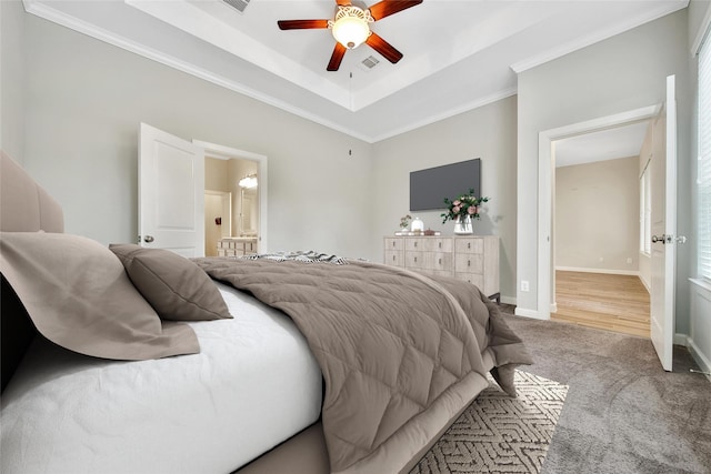 117 Saddle Dr, Houston, TX 77065 - bedroom featuring carpet flooring, a raised ceiling, baseboards, crown molding, and ceiling fan