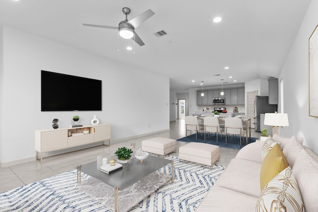 7414 Keystone Blossom Trl, Richmond, TX 77407 - living area featuring recessed lighting, ceiling fan, light tile patterned floors, and baseboards