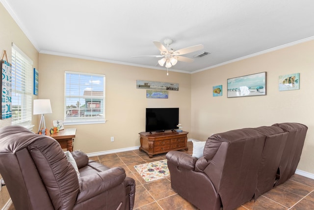 621 County Road 202, Sargent, TX 77414 - tiled living area featuring ornamental molding, a ceiling fan, and baseboards