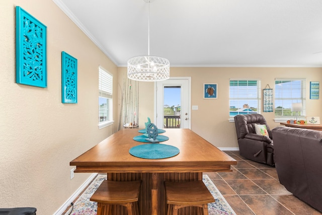 621 County Road 202, Sargent, TX 77414 - dining area featuring crown molding, baseboards, and dark tile patterned flooring