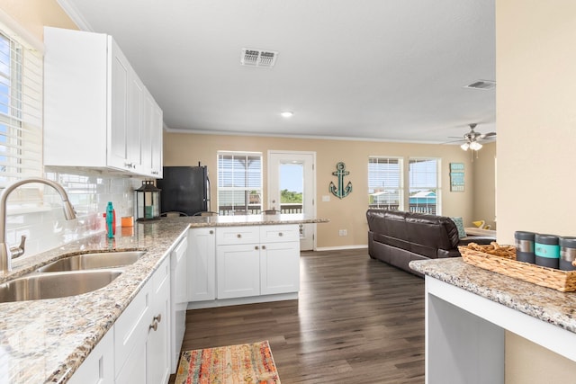 621 County Road 202, Sargent, TX 77414 - kitchen featuring a sink, a peninsula, freestanding refrigerator, ornamental molding, and dark wood-style floors