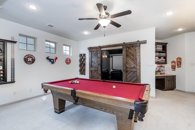 18815 Ellis Bend Dr, Cypress, TX 77433 - recreation room featuring a barn door, light colored carpet, ceiling fan, baseboards, and recessed lighting
