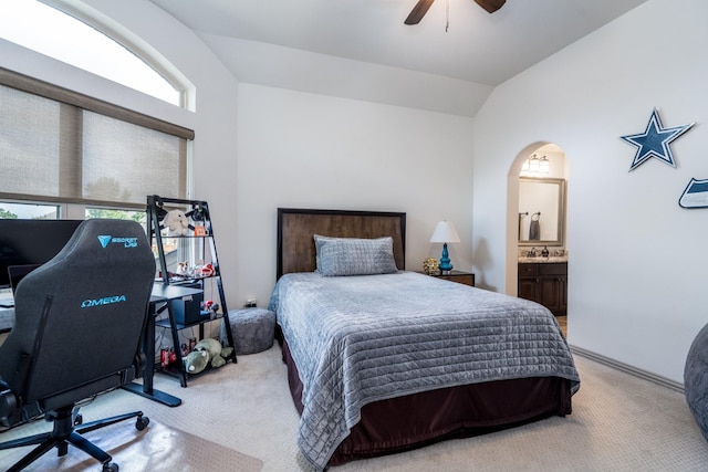 18815 Ellis Bend Dr, Cypress, TX 77433 - bedroom with carpet, vaulted ceiling, connected bathroom, ceiling fan, and arched walkways