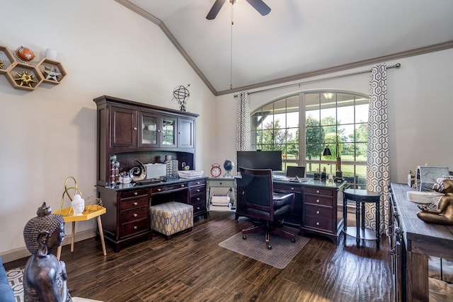 18815 Ellis Bend Dr, Cypress, TX 77433 - office featuring crown molding, dark wood-type flooring, ceiling fan, and high vaulted ceiling