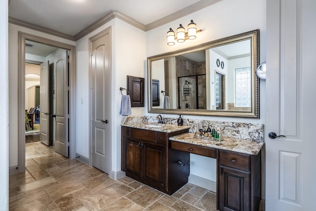 18815 Ellis Bend Dr, Cypress, TX 77433 - full bath featuring ornamental molding, a shower stall, vanity, stone tile flooring, and baseboards