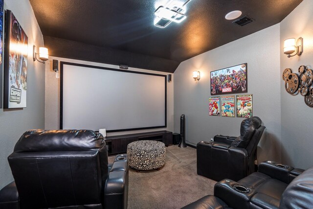 18815 Ellis Bend Dr, Cypress, TX 77433 - carpeted home theater room featuring vaulted ceiling