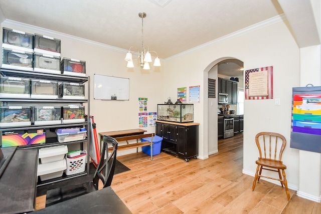 2818 Lakecrest Forest Dr, Katy, TX 77493 - office space featuring crown molding, arched walkways, light wood-style flooring, a chandelier, and baseboards