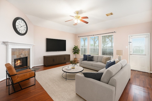 312 Cedar Branch Dr, League City, TX 77573 - living room featuring ceiling fan, dark wood-style flooring, and a fireplace