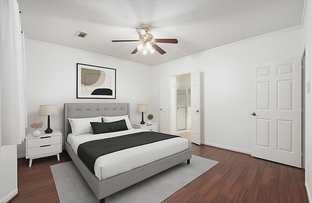 312 Cedar Branch Dr, League City, TX 77573 - bedroom with ornamental molding, dark wood-type flooring, and a ceiling fan
