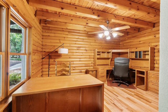 19314 Indigo Lake Dr, Magnolia, TX 77355 - office space with wooden ceiling with exposed beams, light wood-type flooring, plenty of natural light, rustic walls, and ceiling fan