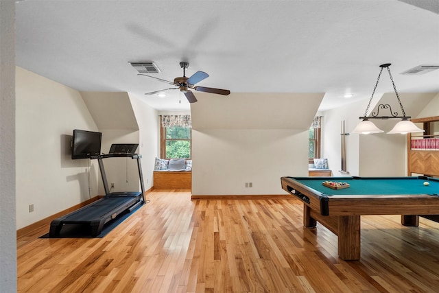 19314 Indigo Lake Dr, Magnolia, TX 77355 - recreation room featuring light wood finished floors, ceiling fan, baseboards, vaulted ceiling, and billiards