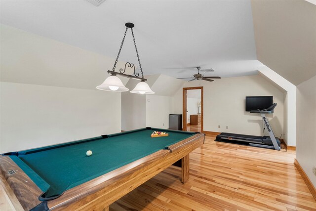 19314 Indigo Lake Dr, Magnolia, TX 77355 - recreation room with light wood-style flooring, pool table, lofted ceiling, a ceiling fan, and baseboards