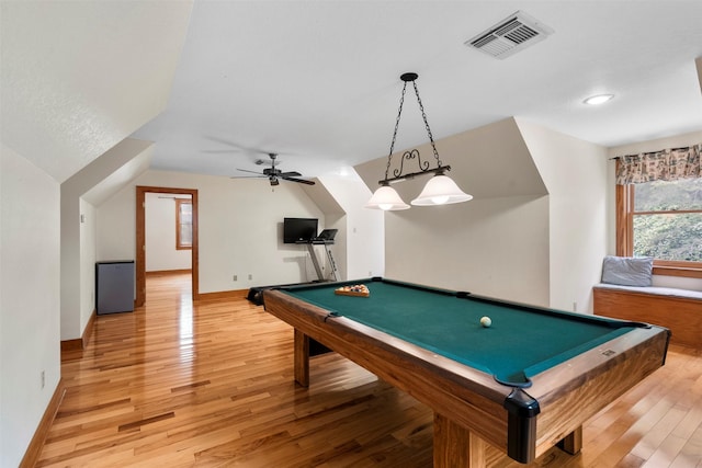 19314 Indigo Lake Dr, Magnolia, TX 77355 - game room featuring light wood-style flooring, billiards table, baseboards, lofted ceiling, and a ceiling fan