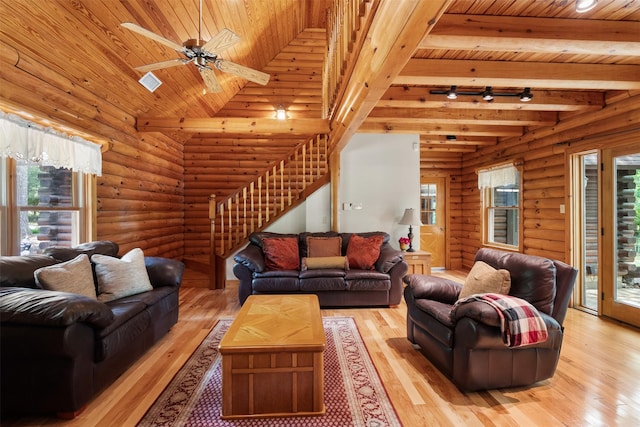 19314 Indigo Lake Dr, Magnolia, TX 77355 - living room with rustic walls, wood ceiling with exposed beams, light wood finished floors, ceiling fan, and stairs
