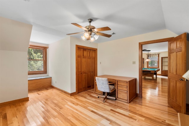 19314 Indigo Lake Dr, Magnolia, TX 77355 - home office with light wood-type flooring, baseboards, pool table, vaulted ceiling, and ceiling fan