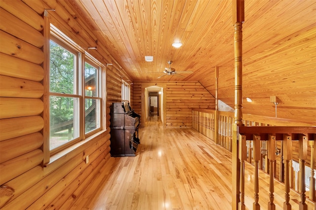 19314 Indigo Lake Dr, Magnolia, TX 77355 - bonus room with wooden ceiling, hardwood / wood-style floors, a ceiling fan, arched walkways, and rustic walls