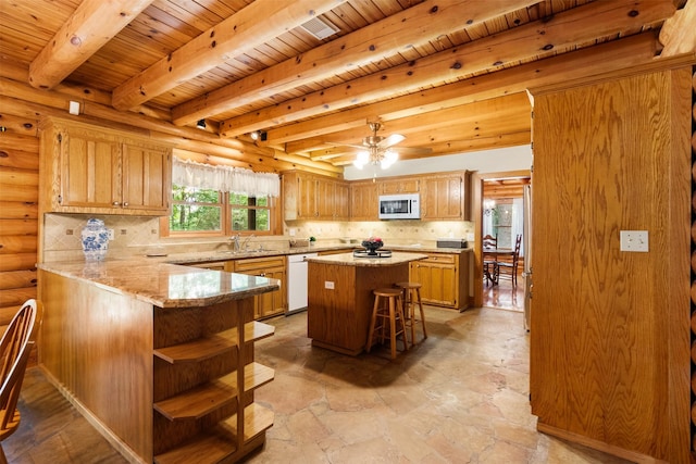 19314 Indigo Lake Dr, Magnolia, TX 77355 - kitchen with white appliances, wooden ceiling with exposed beams, log walls, decorative backsplash, and a sink