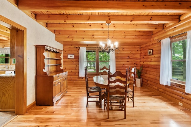 19314 Indigo Lake Dr, Magnolia, TX 77355 - dining space featuring a chandelier, light wood-style flooring, healthy amount of natural light, wood ceiling with exposed beams, and log walls