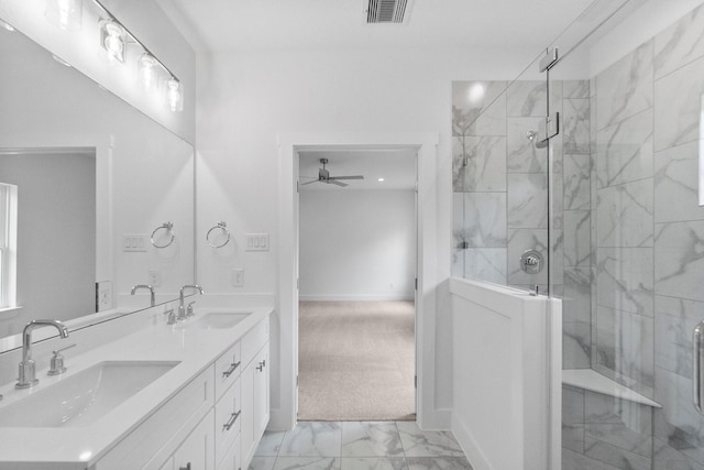 12219 Browning Dr, Montgomery, TX 77356 - full bath featuring marble look tile flooring, a marble finish shower, double vanity, and ceiling fan
