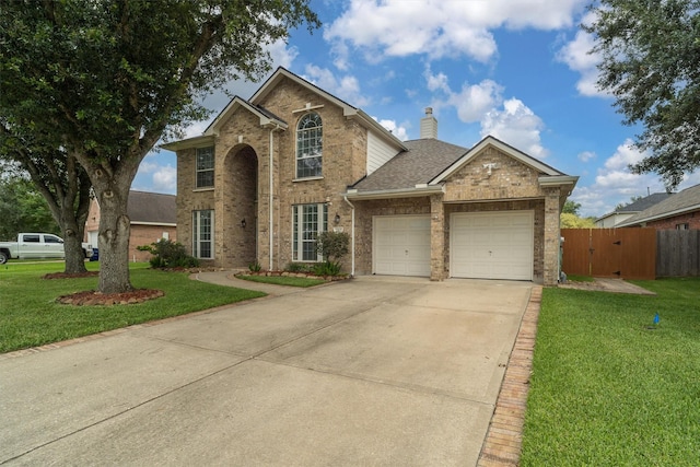 2113 Midway Ct, League City, TX 77573 - traditional home with a garage, brick siding, concrete driveway, a chimney, and a shingled roof