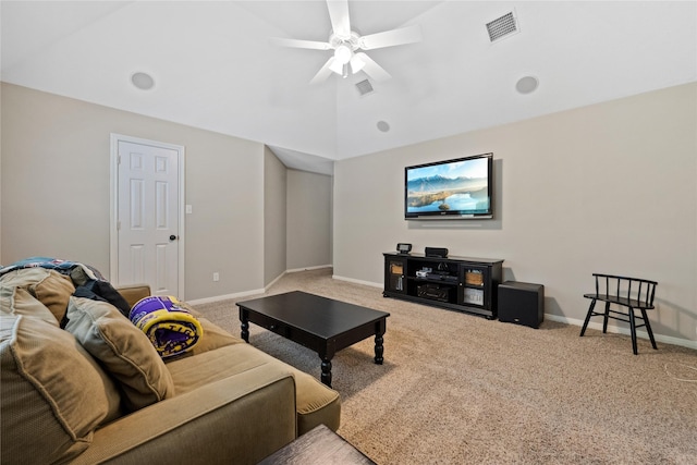 5902 Cardinal Creek Way, Kingwood, TX 77345 - living room with carpet flooring, a ceiling fan, lofted ceiling, and baseboards