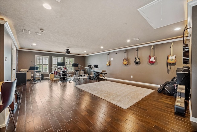 5902 Cardinal Creek Way, Kingwood, TX 77345 - misc room with ornamental molding, attic access, an office area, baseboards, and wood finished floors