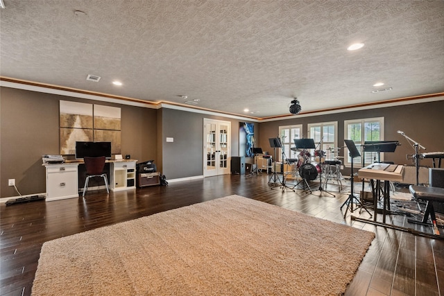 5902 Cardinal Creek Way, Kingwood, TX 77345 - living room featuring ornamental molding, french doors, an office area, dark wood-type flooring, and a textured ceiling