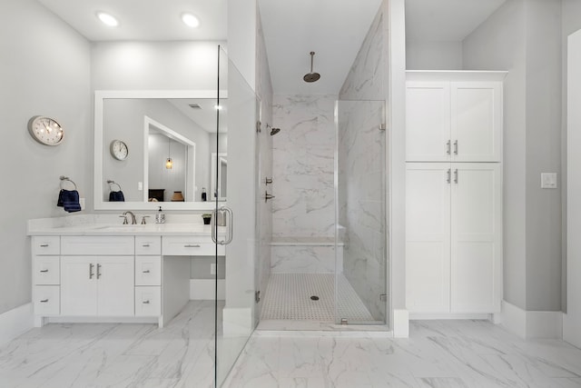 1610 Woodcrest Dr, Houston, TX 77018 - full bathroom with marble look tiles, a marble finish shower, vanity, baseboards, and recessed lighting