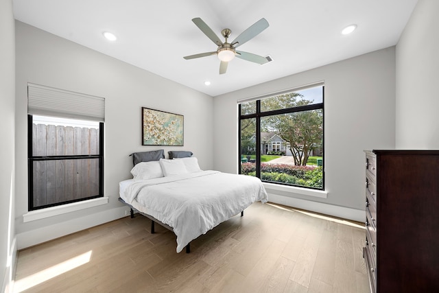 1610 Woodcrest Dr, Houston, TX 77018 - bedroom featuring light wood-style floors, recessed lighting, a ceiling fan, and baseboards
