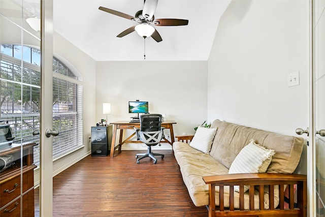 4506 Brazos Bend Dr, Pearland, TX 77584 - office space with a ceiling fan, dark wood-style floors, baseboards, and vaulted ceiling